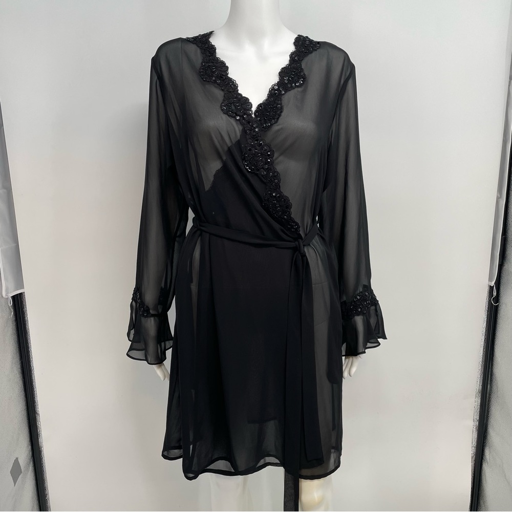 Vintage Lucie Ann  Robe Dressing Gown Women’s L Black Sequence Jeweled